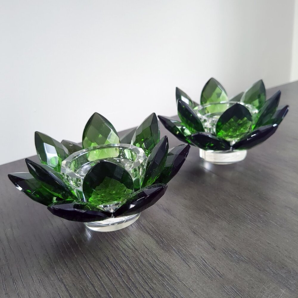2 Sorelle Vintage MCM Lotus Candle Holder in Faceted Crystal Glass Emerald Green